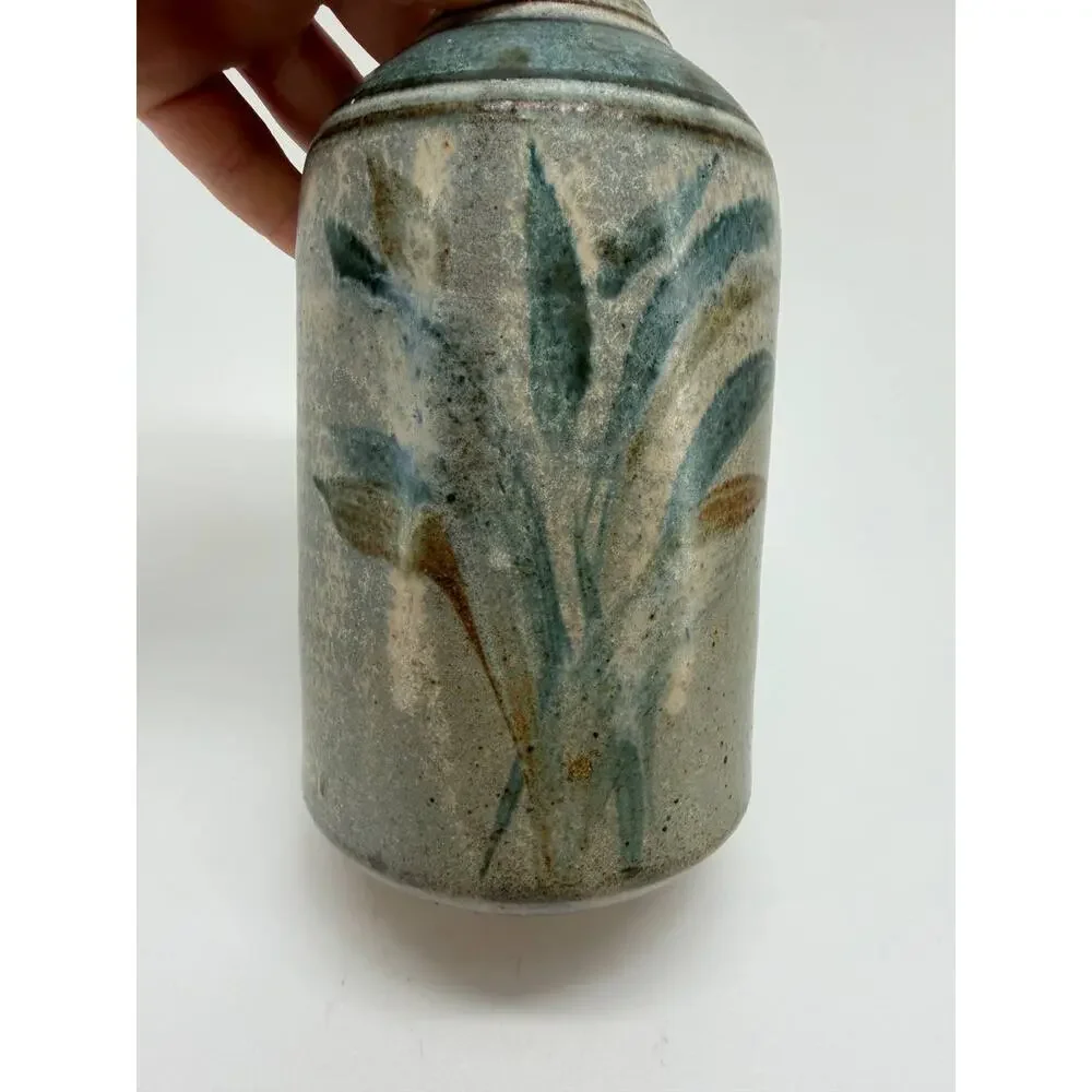 Vintage Studio Pottery Vase Stoneware Floral Design Handmade Decor